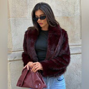 Burgundy vintage style luxury faux fur coat short cropped jacket red maroon